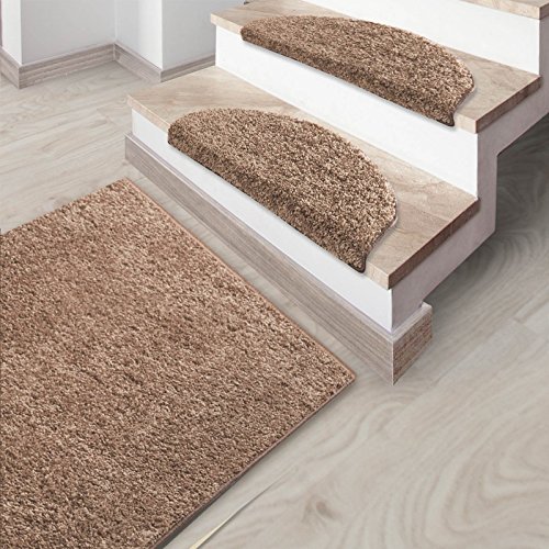 Stufenmatten uni beige | Qualitätsprodukt aus Deutschland | GUT Siegel | kombinierbar mit Läufer | 65×23,5 cm | halbrund | 15er Set - 5