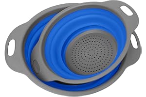 DQZSY Collapsible Colander, Set of 2 PCS Collapsible Straine r, Space-Saving Kitchen Strainer, Food-Grade Silicone Folding Strainer Colander with Handle (Blue)