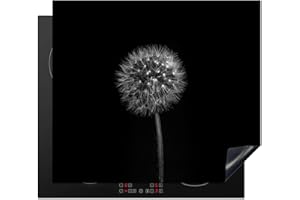 KitchenYeah© Protege Plaque Tapis Pour Induction 59x52 cm Deco Cuisine Protection Vitrocéramique Pour Cuisiniere Pissenlit - Noir - Fleurs - Botanique