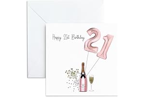 UNMOT Happy 21st Birthday Card for Her - Luxury 21 Birthday Gifts for Women, Daughter, Sister, Niece, Granddaughter or Best Friend - 13 x 13 Cm Pink Balloons & Champagne Design - Thick Cards