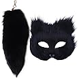 SWEETBIUTI Cat Mask and Therian Tail Set Furry Fox Mask ＆ 16'' Long Fox Tail Keychain Half Face Masquerade Mask for Cosplay Fancy Costume Party Accessory