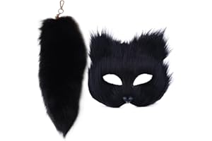 SWEETBIUTI Cat Mask and Therian Tail Set Furry Fox Mask ＆ 16'' Long Fox Tail Keychain Half Face Masquerade Mask for Cosplay Fancy Costume Party Accessory