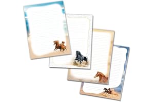 ‎JUNA-EXPERTEN 4 x Blöcke Schreibblock mit Kindermotiv Pferd / Pferd schwarz / drei Pferde / zwei Pferde (4 Blöcke mit je 25 Blätter in A4-Format)