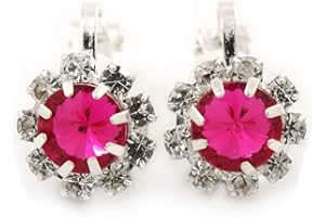 AVALAYA Small Fuchsia, Clear Crystal Floral Clip On Earrings In Silver Tone - 15mm L