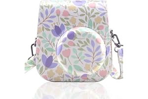 Frankmate Etui na aparat ze skóry PU kompatybilne z Fujifilm Instax Mini 11 12 Instant Camera z regulowanym paskiem i kieszenią (kwiaty zielone)