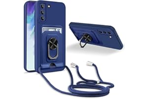 JMstore Handykette Schutzhülle Kompatibel mit Samsung Galaxy S21 FE,360° Ring Ständer magnetisches Eisenblech+Kartenfach Kameraschutz Stoßfester Silikon hülle-Blau