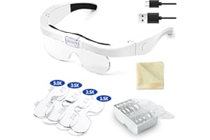 OBOVO Headband Magnifier, Rechargeable Magnifying Glasses with 2 LED Light, Hands Free Interchangeable Magnification Lenses 1.5X 2.5X 3.5X 5X for Jewelry, Crafts, Cross Stitch