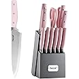 hecef Kitchen Knife Block Set, 14 Pieces Knife Set with Wooden Block & Sharpener Steel & All-purpose Scissors, High Carbon Stainless Steel Cutlery Set (Pink)