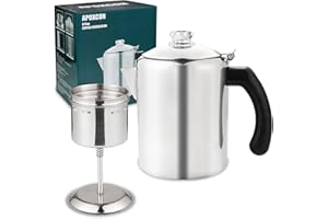 APOXCON Percolateur à café en acier inoxydable avec bouton en verre résistant à la chaleur - Cafetière de camping - Utilisation sur n'importe quelle cuisinière - Argenté - 8 tasses