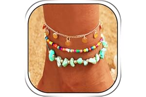 Handcess - Cavigliere Boho a 3 fili con turchesi, medagliette dorate, perline; da spiaggia, per donne e ragazze