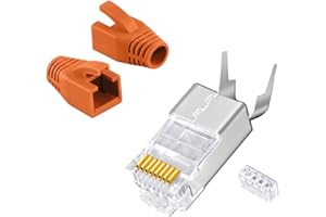 SATSHOP-FT Connecteur RJ45 Fiche Cat 7 Embout Ethernet POE RJ45 Câble Connecteur Ethernet à Serti CAT7 CAT6a CAT6 AWG23 avec décharge de Traction Protection Anti-Pliage Passe-Fil Orange Lot de 50