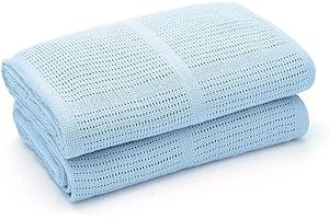 Bloomsbury Mill – Lot de 2 – 100% Pur Coton Biologique – Couvertures Ultra-Douces en Coton Cellulaire pour Bébé – 75cm x 95cm - Landau/Poussette/Couffin - Bleu