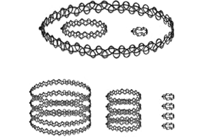 ‎LICHUANUK Stretch-Tattoo-Halskette, Modische Vintage-Kette, Tattoo-Hohlgewebe-Schmuckset, Vintage Kette in schwarz（5 x Elastische Dehnen Halskette + 5 x Armband +5 x Ring）