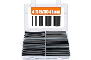 Lsnisni Kit Guaine Termorestringente 45mm 4:1, 5 Misure di Guaina Termoretrattile Nero, Impermeabile, Tubo a Doppia Parete con Adesivo, Guaina Termorestringenti - 200 Pezzi