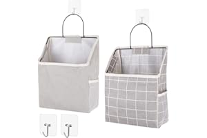 BIEFUSIN 2 Piezas Bolsa de Almacenamiento de Pared,Pared Colgando Almacenamiento Bolso con Marco de Metal, Bolsillo Colgante de Lino de Algodón Impermeable, para Dormitorio, Cocina, Baño (Gris,A cuadros)