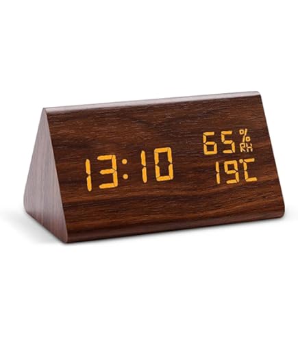 Houten wekker, digitale wekker met dubbel alarm, snooze, 4 helderheids
