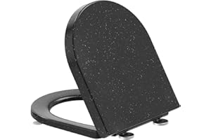 SREWOHS PRO Tavoletta WC [CORTO] Universali D Forma, Sedile WC Urea-Formaldeide Chiusura Ammortizzata Sgancio, Rapido a un Pulsante,Marmo Nero, 42,5 * 34,5CM(con Modello di nstallazione)