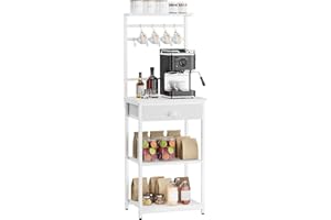 YMYNY Scaffale da Cucina, Porta-caffè in legno a 5 livelli, Scaffale per macchina del caffè, Organizzatore di 12 ganci, Cassetti in tessuto, 33 x 43 x 134,5 cm, per Soggiorno, Ufficio, Bianca HBR009W