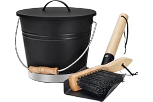 G GOOD GAIN Mini Asche Eimer mit Deckel, Schaufel für Hand Besen, galvanisierter Stahl Metall Holzkohle Behälter, Kohleeimer mit Griff, Werkzeug Set Zubehör für Kamin Innen und Außen, Feuerstelle, Holzofen. Split