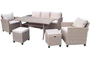 Green Spirit - Madeira II Dining Lounge - Beige Polyrattan for 7 People Weatherproof Garden Furniture Set with 3-Seater Sofa, Table, Armchair and 2 Stools