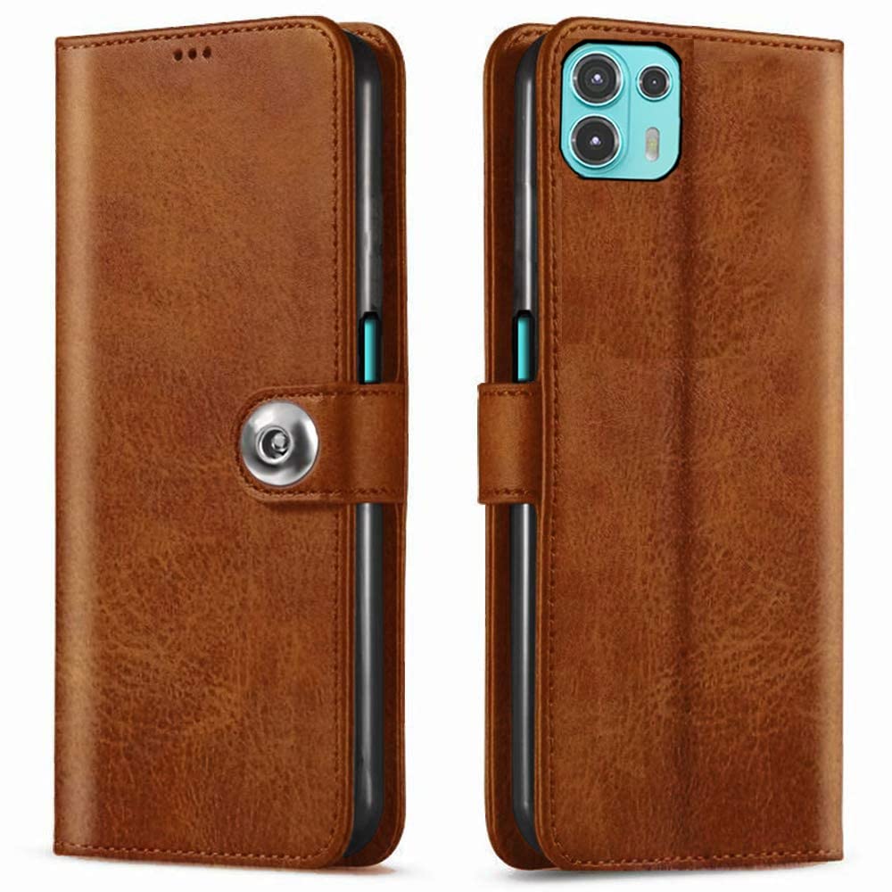 Nkarta Genuine Leather Finish Flip Back Cover Case | Inbuilt Pockets & Stand | Wallet Style | Designer Tich Button Magnet Case for Motorola Moto Edge 20 Fusion -Tan Color