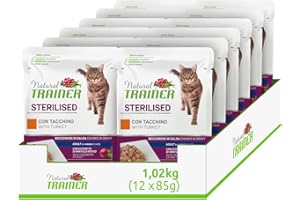 Natural Trainer Sterlisied Adult Cibo Umido per Gatti con Tacchino e Fibra di Pisello 12 buste x 85 g - 1020 gr