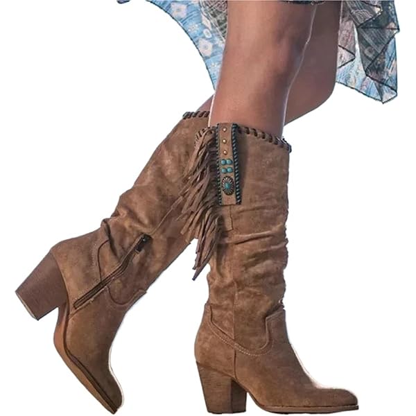 MJIASIAWA Femmes Pointu Knee Frange Bottes Cowboy