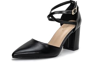 ANGBATER Womens Court Shoes High Heel Block Heel Ankle Strap Buckle Chunky Dress Sandals Wedding Shoes