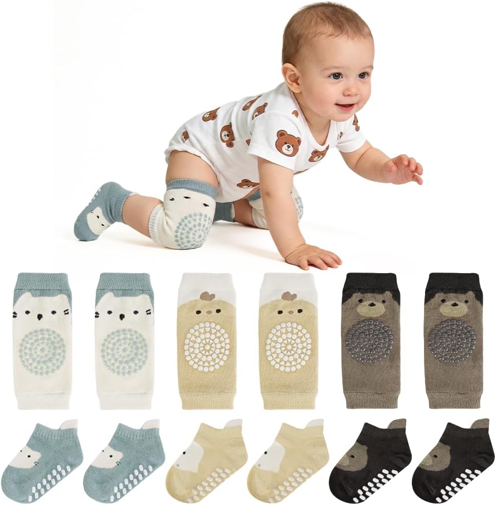 AOOTE Juego de 3 pares de rodilleras para bebés y 3 pares de calcetines para gatear, con puntos de goma, para niños y niñas