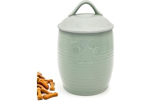NIXBYO Large Dog Treat Container Airtight, Cute Dog Treat Jar with Lids,Rustic Dog Treat Storage Container, Ceramic Cat Food Jars for Kitchen Counter, Green