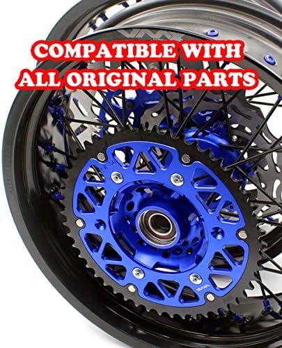 VMX 3.5/5.0*17" KTM SUPERMOTO WHEELS RIMS SET FOR SX SX-F XC-W EXC EXC-E EXC-F 125 150 200 250 300 350 400 450 525 530 2003-2017 CNC BLUE NIPPLE AND BLACK SPOKE DISC WITH BLUE SPROCKET
