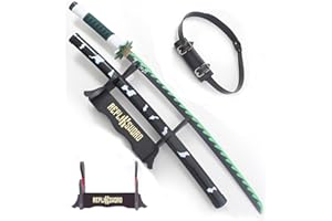 REPLIKSWORD Katana Demon Slayer Sabre Sanemi Shinazugawa Lame en Bois Epee Kimetsu No Yaiba Cosplay + Presentoir Inclus + Ceinturon
