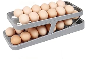 UTOSDAY Egg Holder for Refrigerator, 2 Tier Rolling Eggs Storage Refrigerator, Non-Slip Base Fridge Organiser Eggs (2 Tier, Grey)