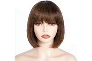 FASHION IDOL Bob Peluca de Cabello Humano con Flequillo para Mujeres Negras Pelo Liso Corto 20CM Natural Negro Sin Pegamento Hecho a Máquina Pelucas Bob Cortas