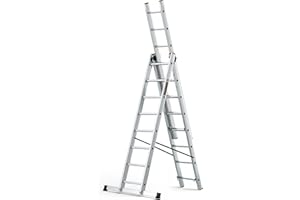 DRABEST Pro Sèries Échelle Multifonction en Aluminium 3x8 Escabeau à Trois Sections - Jusqu'à 150 kg - Hauteur de Travail 5,05 m Echelle Pliante - Crochet pour Seau Inclus