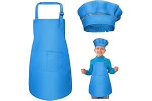 WEONE Niños Delantal y Gorro de Cocinero, Ajustable Delantal Infantil con 2 Bolsillos para Niños Niñas, Niñito Delantales de Cocina de Chef para Cocinar Hornear Pintar Artesanía (7-13 Años)