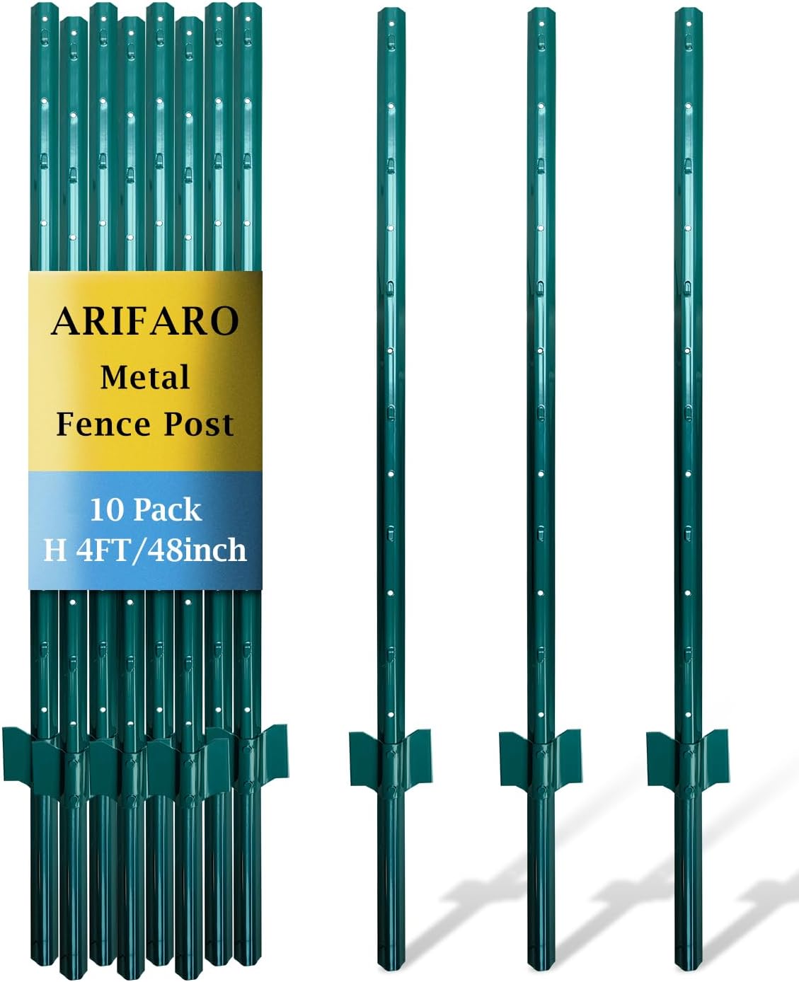 ARIFARO Metal Fence Posts 121cm / 4ft, Pack of 10, Sturdy Duty No Digging Garden U Post for Wire Fencing Steel Poles for Yard, Outdoor Wire