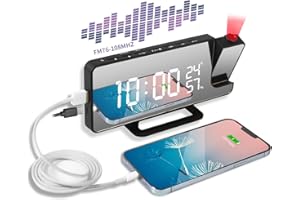 UPOHYEE Despertador de Proyección Digital 7.5 pulgada Proyección de 180° Giratorio Despertador Proyector Techo de Radio FM Humedad Temperatura Interior 4 Brillo Ajustable de Función Snooze de Carga USB