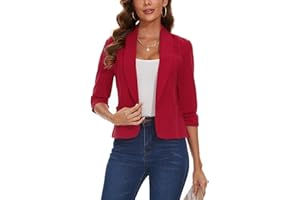 LADI TREND Womens Blazer Open Front Suit Jacket 3/4 Ruched Sleeve Blazers Casual Cardigan Outerwear with Patch Pockets