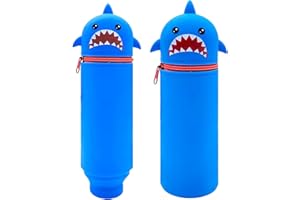 MPXEAVG Trousse Ecole 2 en 1 en Silicone Souple, Trousse Silicone Verticale, Panda Pochette de Stylo, Fermeture à Glissière, pour Fournitures Scolaires de Grande Capacité (Requin)