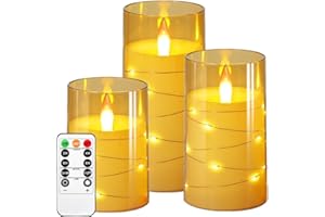 Kiexung LED-Kerzen, LED-Kerzen mit eingebauter Lichterkette, Batteriebetriebene Kerzen, Plexiglaskerzen mit Fernschaltuhr, Festliche flammenlose Kerzen, Wohnkultur, 3-teiliges Set (Gold)