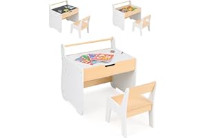 COSTWAY 3 en 1 Table Enfant avec Chaise en Forme d'Eléphant, Table et Chaise en Bois avec Tableau Amovible & Porte-Rouleau de Papier, Espace Caché, Bureau pour Dessiner Jouer (Blanc)