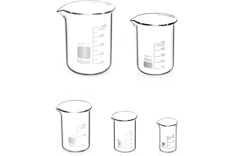 QWORK® 5 Pcs Graduated Borosilicate Glass Beaker 5ml 10ml 25ml 50ml 100ml Set for Science Lab Kitchen
