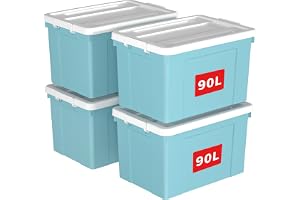 Cetomo 90 L x 4 förvaringslådor, plastförvaringslåda med lock, organiseringsbehållare med säkra spärrspännen, stapelbar, kapa