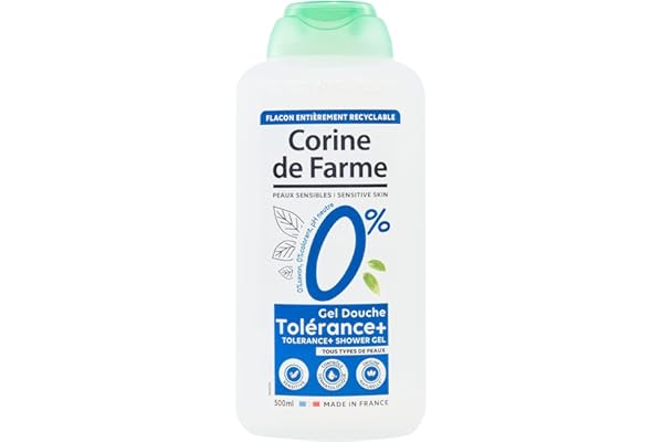 Corine de Farme - Gel Douche Hypoallergénique 0% Tolérance+ Peaux Sensibles - pH Neutre, Sans Savon ni Colorant, Naturel - Fabrication 100% Française - 500ml