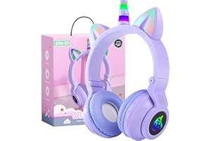 OHAANYY Kids Unicorn Casque sans Fil, écouteurs Bluetooth pour Filles, Casques pour Enfants Mignons écouteurs Roses pour Anniversaire de Filles Cadeau de Licorne de Noël de Retour à l'école (Violet)