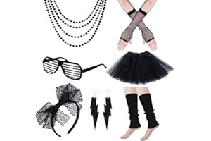 mefound 80s Fancy Party Costume Accessories Set,Adult Tutu Leg Warmers Fishnet Pink Gloves Necklaces Bead Lace Bow Headband Lighting Earrings Sunglasses