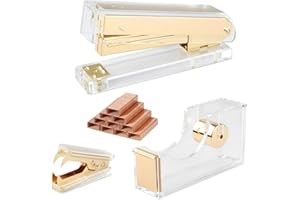 LA DESIRE Gold Acrylic Stapler Set Desk Accessory & Decoration Kit for Gift, Stapler with 1000 Pcs Staples and Staple Remover, Tape Dispenser, Gold Stapler Bundle Office Supplies Set