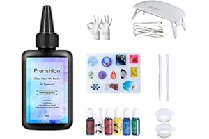 FRENSHION Lámpara UV+100G Resina UV+Pigmento de color+Molde+Herramienta+Guante-Actualización Curado rápido! Resina UV transparente de tipo duro para la fabricación de joyas