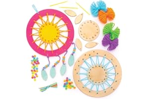 Baker Ross Kits d'attrape-rêves Ronds (Lot de 4) - Attrape-rêves à Assembler avec modèle, Laine, Perles, Plumes, Ruban et Aiguille Inclus, Colorées